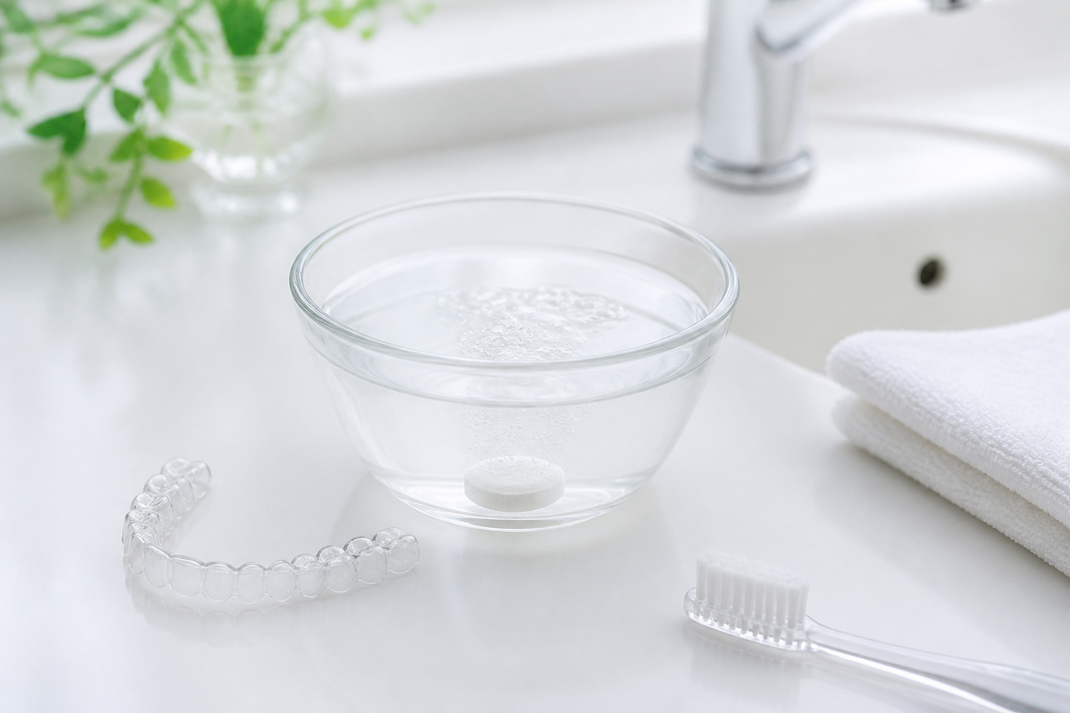 マウスピース洗浄剤を溶かした水と透明な矯正用マウスピース
