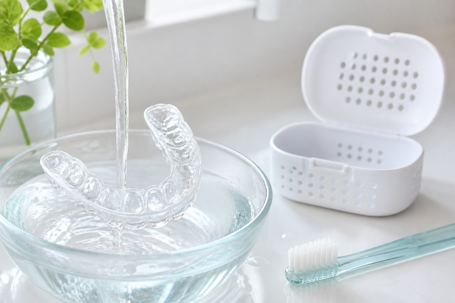 黄ばみを防ぐために水洗いする透明な矯正用マウスピース
